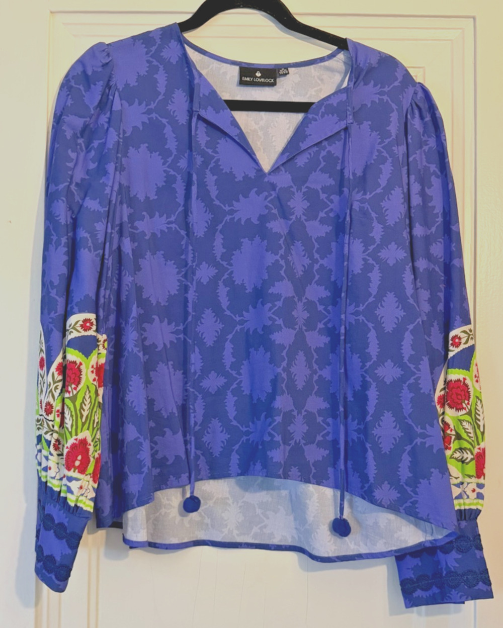 Emily Lovelock Purple & Blue Puff Sleeve Boho Blouse